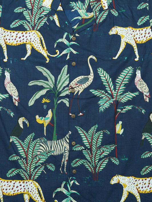 Jungle Blue - Sanganeri Print - Unisex Pure Cotton Cuban Collar Shirt