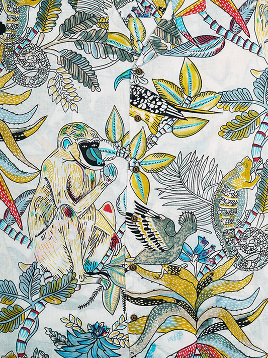 Cool Monkey - Sanganeri Print - Unisex Pure Cotton Cuban Collar Shirt