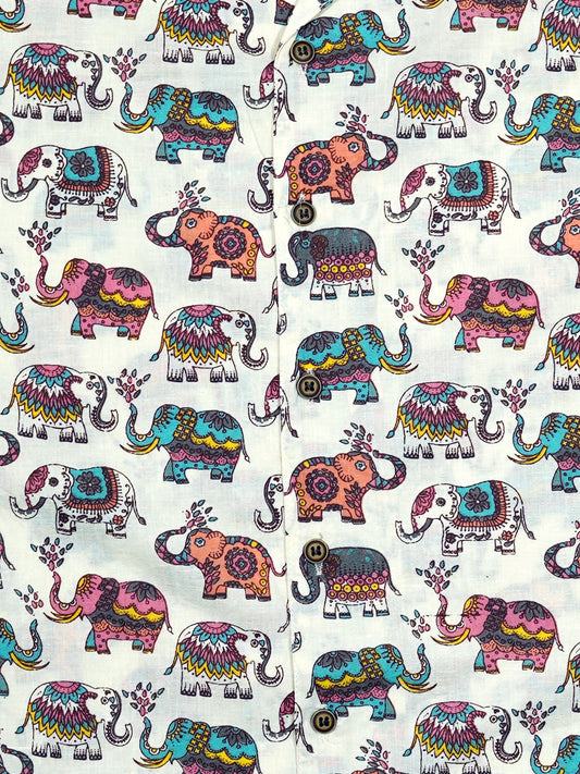 Elephant Shower Pastel - Sanganeri Print - Unisex Pure Cotton Cuban Collar Shirt