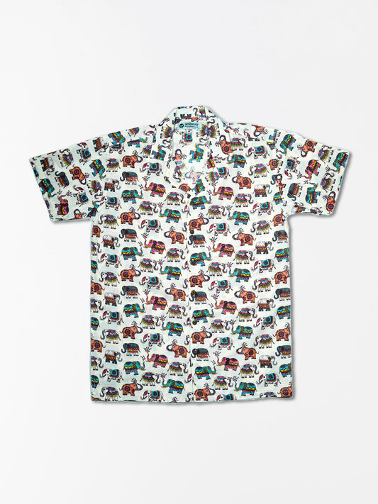 Elephant Shower Pastel - Sanganeri Print - Unisex Pure Cotton Cuban Collar Shirt