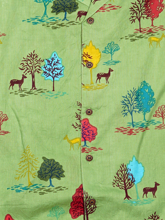 Green Days - Sanganeri Print - Unisex Pure Cotton Cuban Collar Shirt
