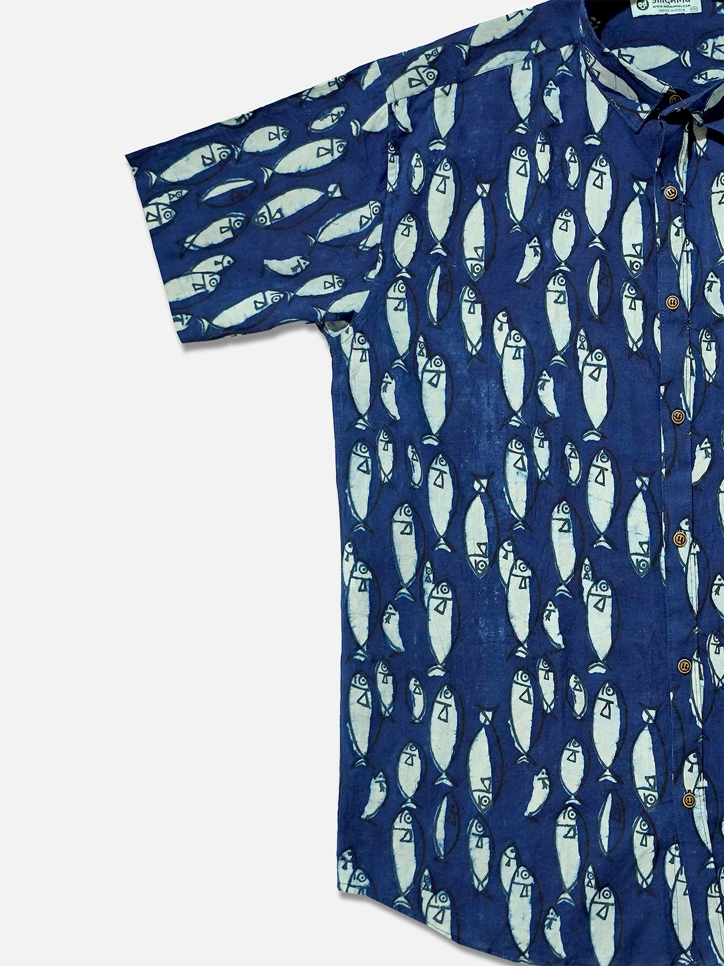 Indigo Fish - Handblock Print - Men’s Pure Cotton Regular Shirt