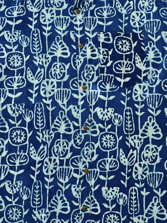 Indigo Folk Motifs - Handblock Print - Men’s Pure Cotton Regular Shirt