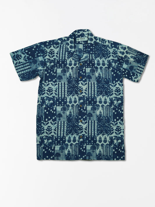 Indigo Hearts - Handblock Print - Unisex Pure Cotton Cuban Collar Shirt