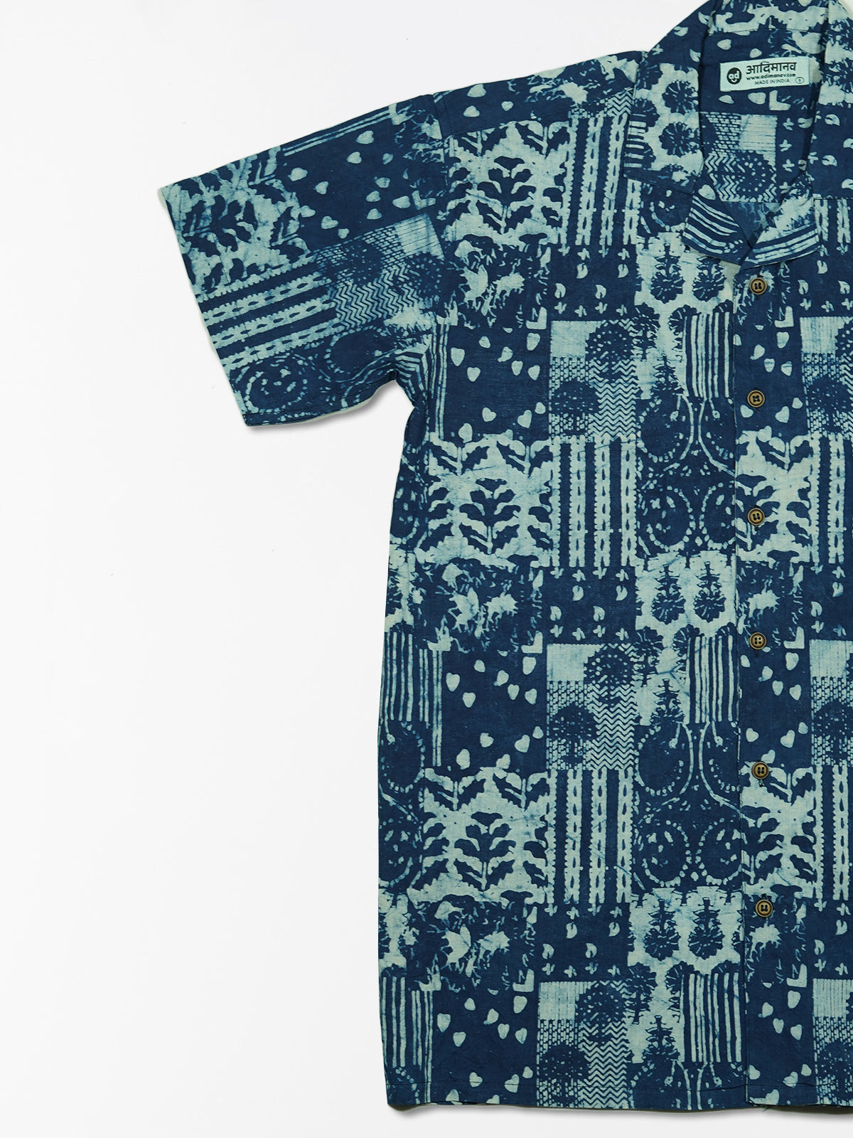 Indigo Hearts - Handblock Print - Unisex Pure Cotton Cuban Collar Shirt