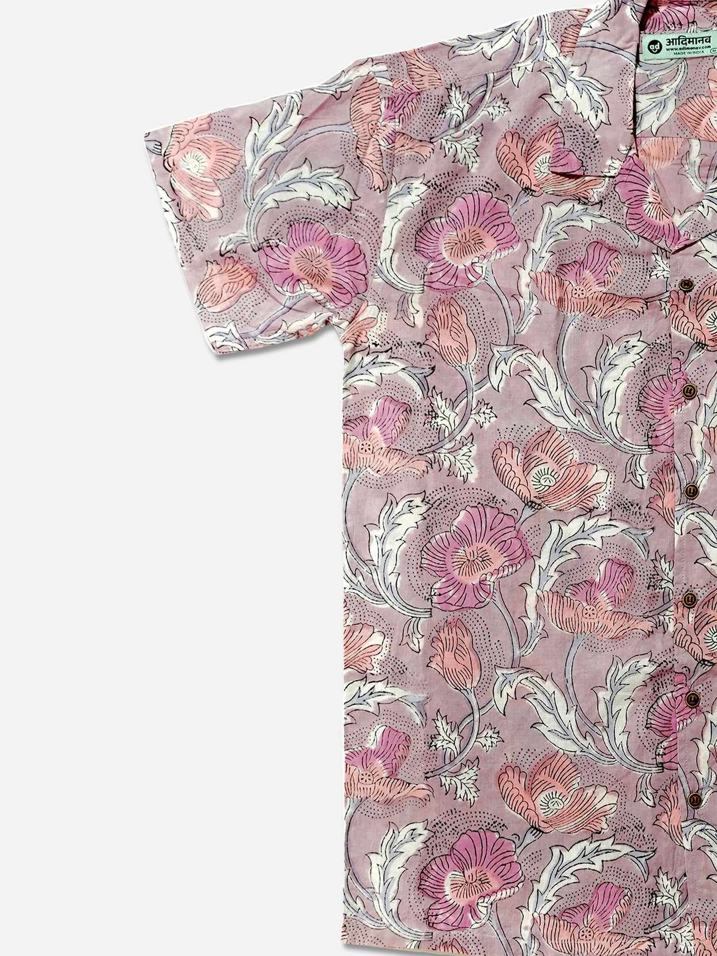 Lavender Poppy Bloom – Handblock Print – Unisex Pure Cotton Cuban Collar Shirt