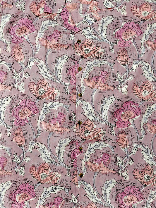 Lavender Poppy Bloom – Handblock Print – Unisex Pure Cotton Cuban Collar Shirt