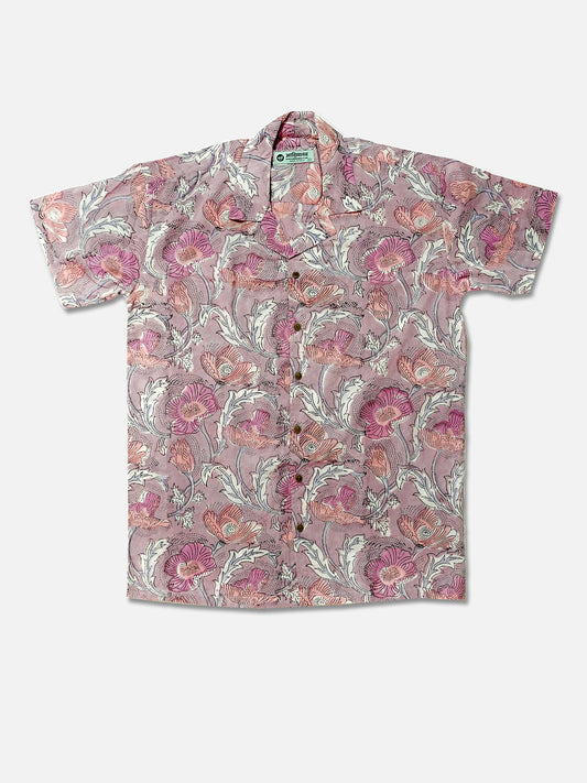 Lavender Poppy Bloom – Handblock Print – Unisex Pure Cotton Cuban Collar Shirt