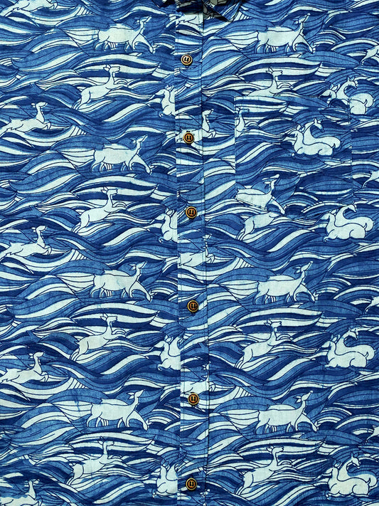 Surfing Deers - Handblock Print - Men’s Pure Cotton Regular Shirt