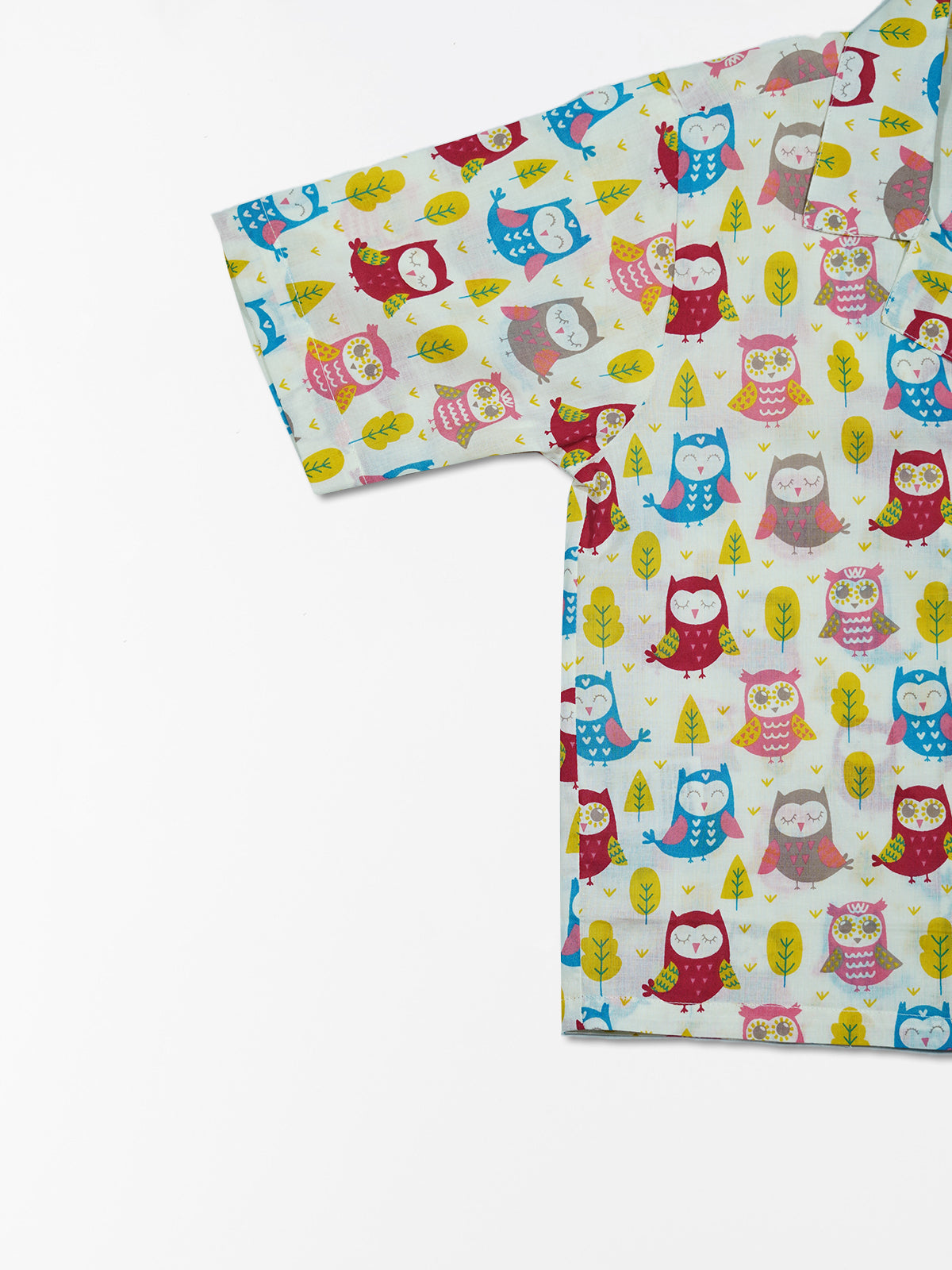 Vibrant Owls - Sanganeri Print – Women’s Pure Cotton Crop Shirt