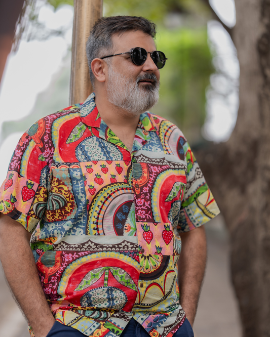 Abstract Green - Sanganeri Print - Unisex Pure Cotton Cuban Collar Shirt