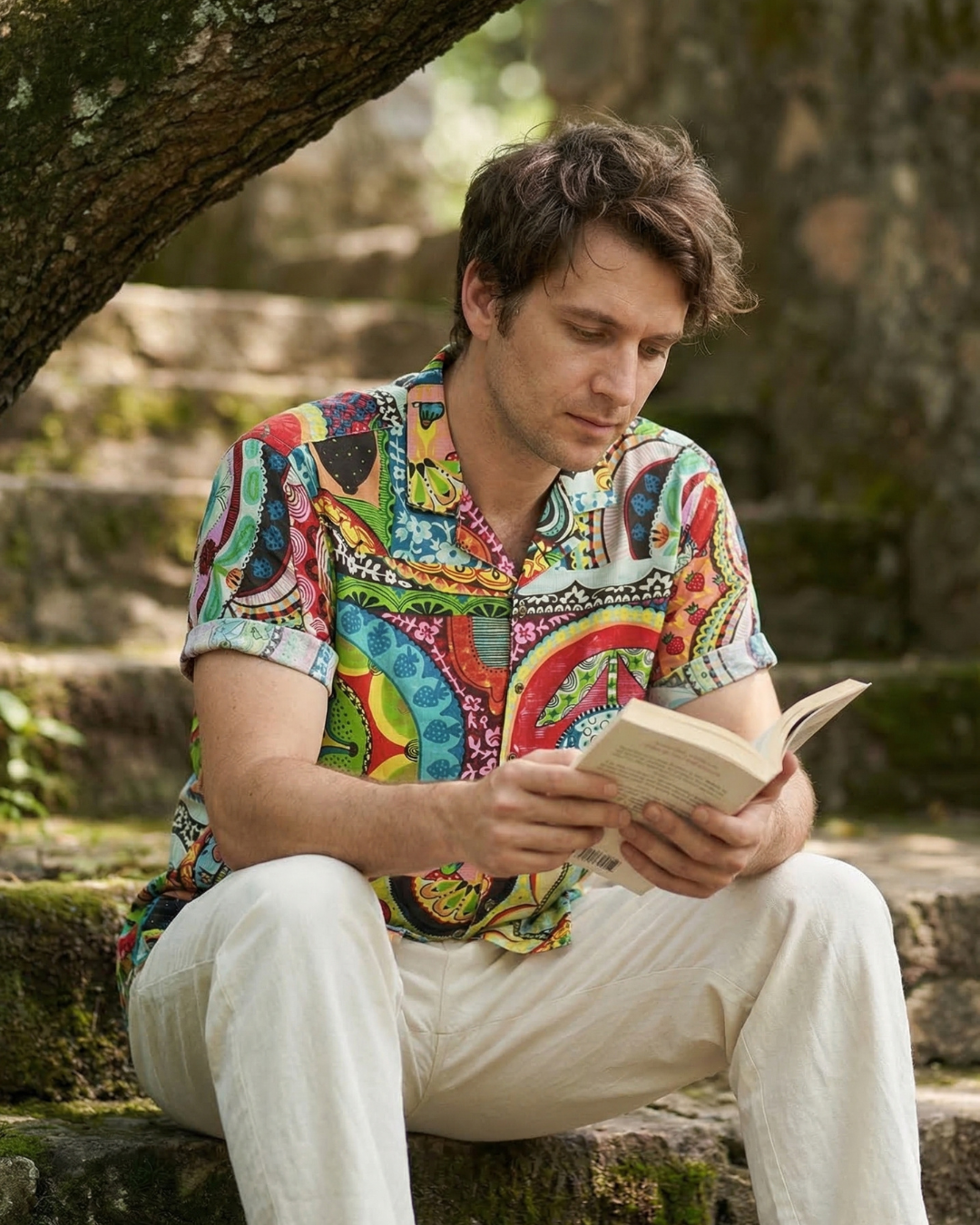 Abstract Green - Sanganeri Print - Unisex Pure Cotton Cuban Collar Shirt