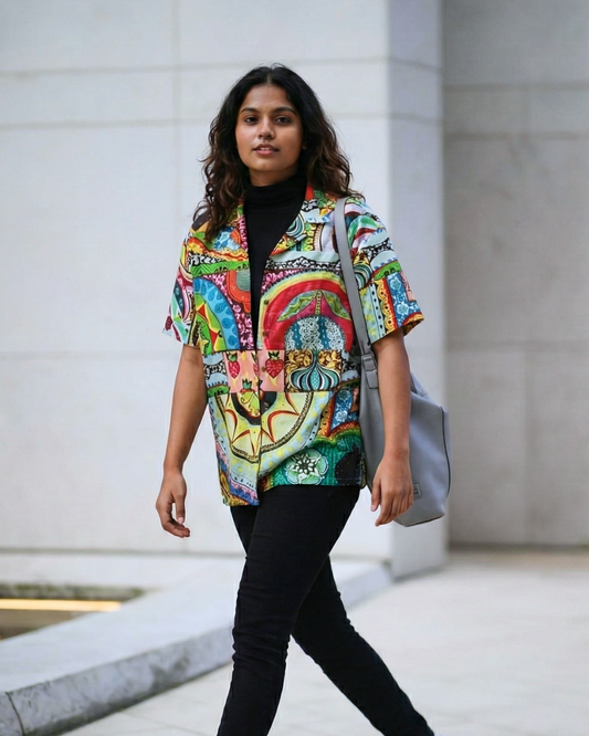 Abstract Green - Sanganeri Print - Unisex Pure Cotton Cuban Collar Shirt