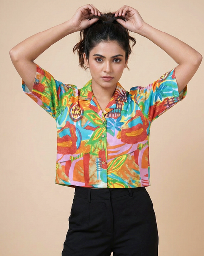Abstract Pink - Sanganeri Print – Women’s Pure Cotton Crop Shirt