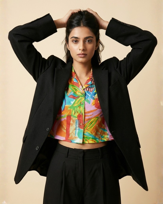 Abstract Pink - Sanganeri Print – Women’s Pure Cotton Crop Shirt