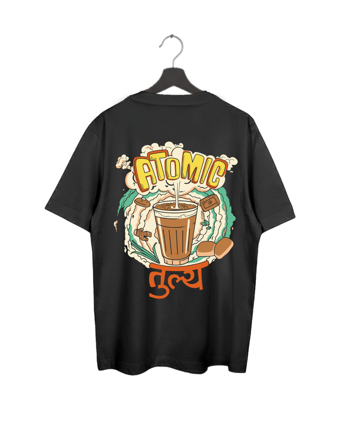 Black oversized t-shirt with 'Atomic Tulya' and a cup of tea graphic design