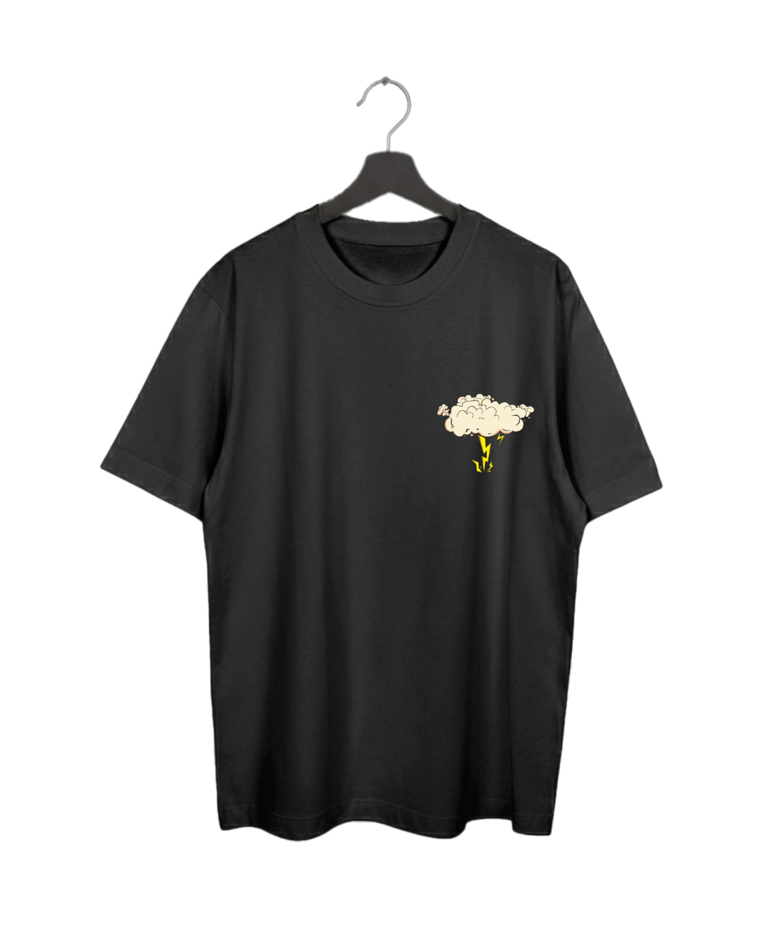 Black t-shirt with a yellow graphic on a hanger against a white background