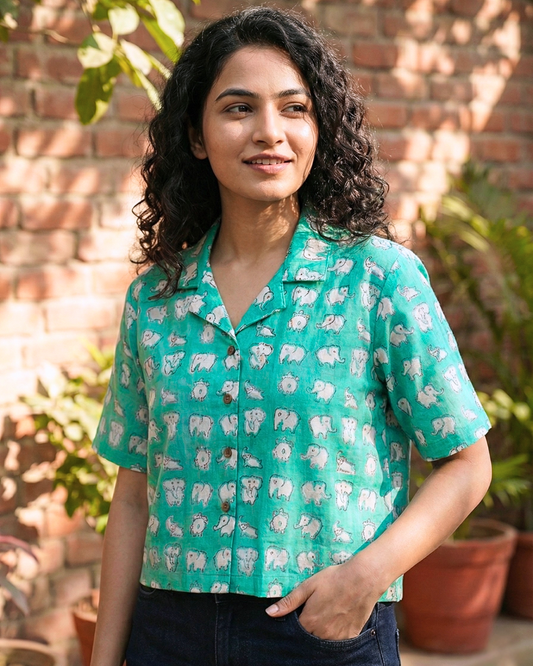 Baby Elephants - Handblock Print - Women’s Pure Cotton Crop Shirt