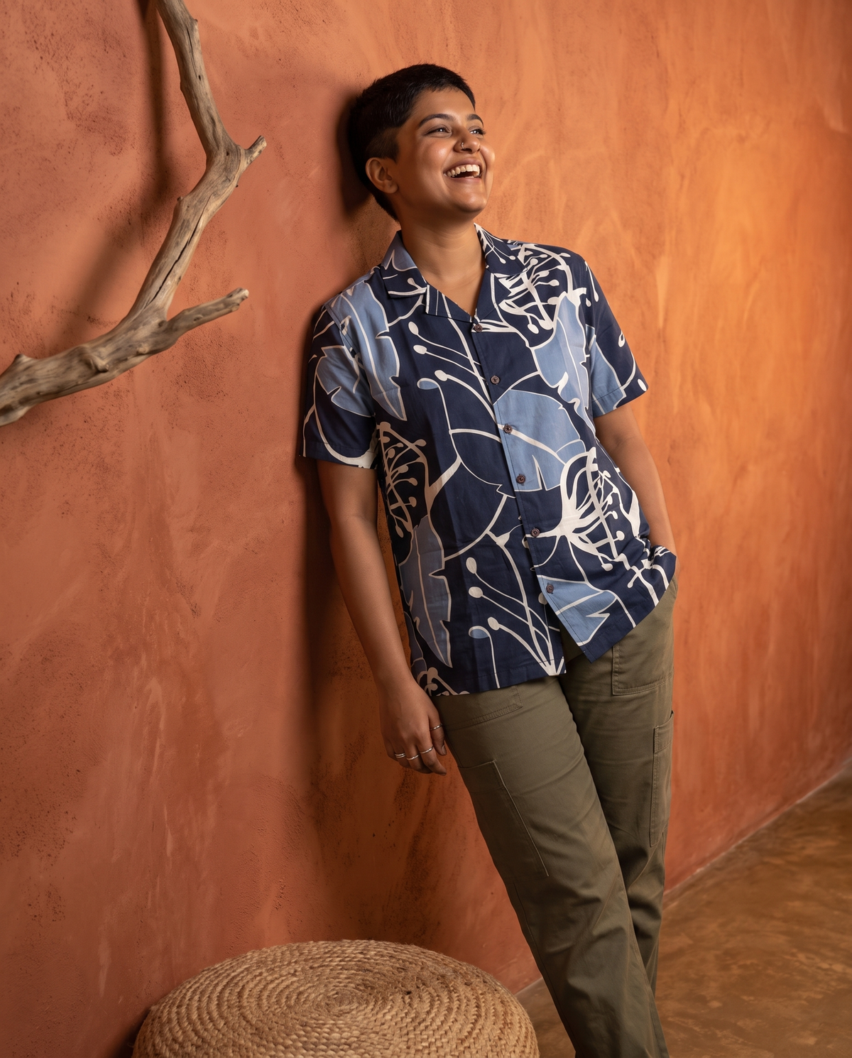 Blue Leaves - Handblock Print - Unisex Pure Cotton Cuban Collar Shirt