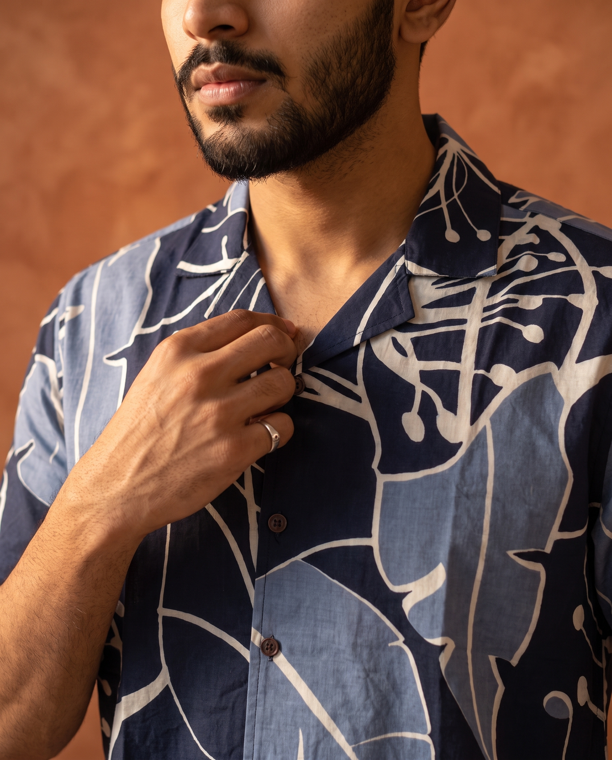 Blue Leaves - Handblock Print - Unisex Pure Cotton Cuban Collar Shirt