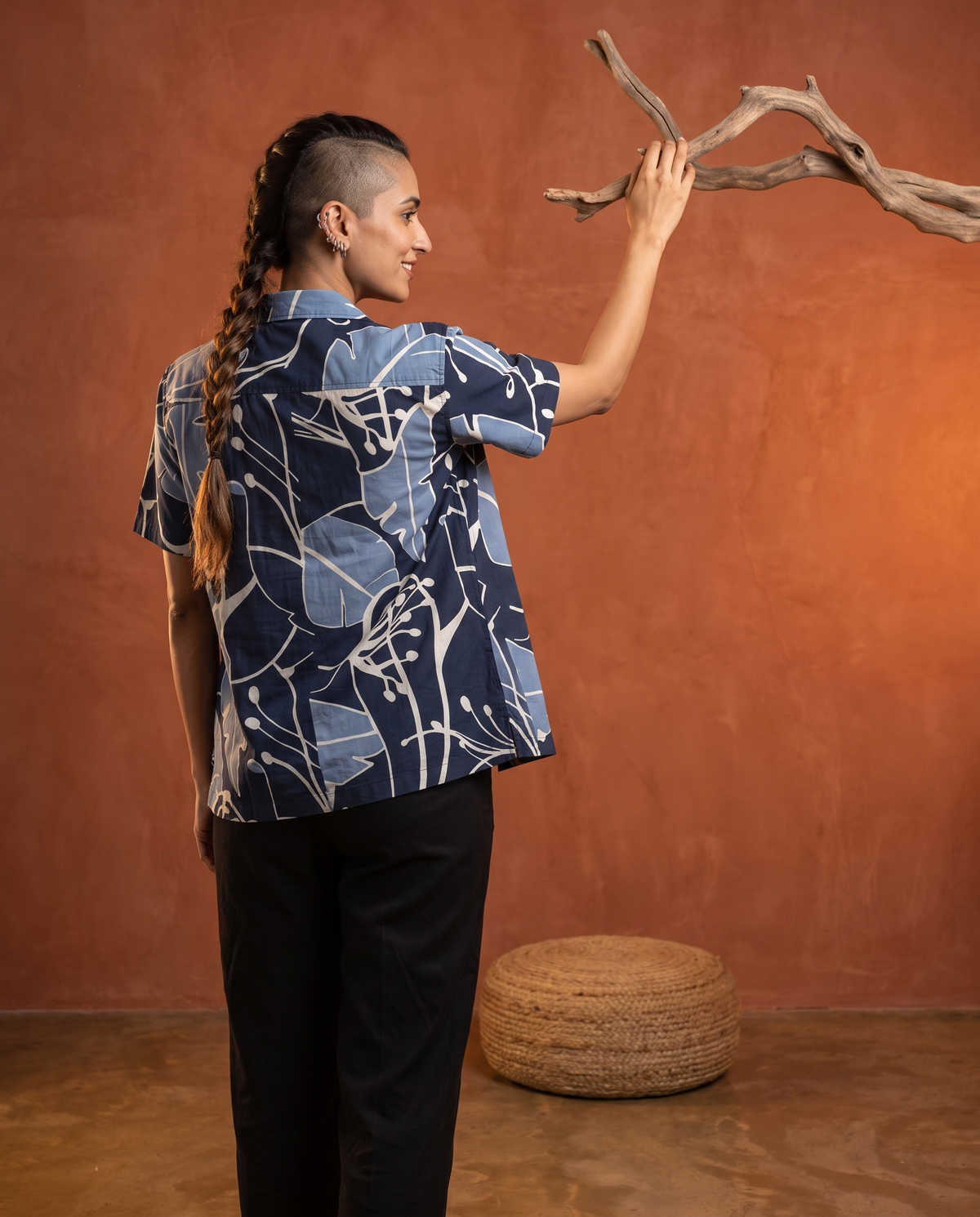 Blue Leaves - Handblock Print - Unisex Pure Cotton Cuban Collar Shirt