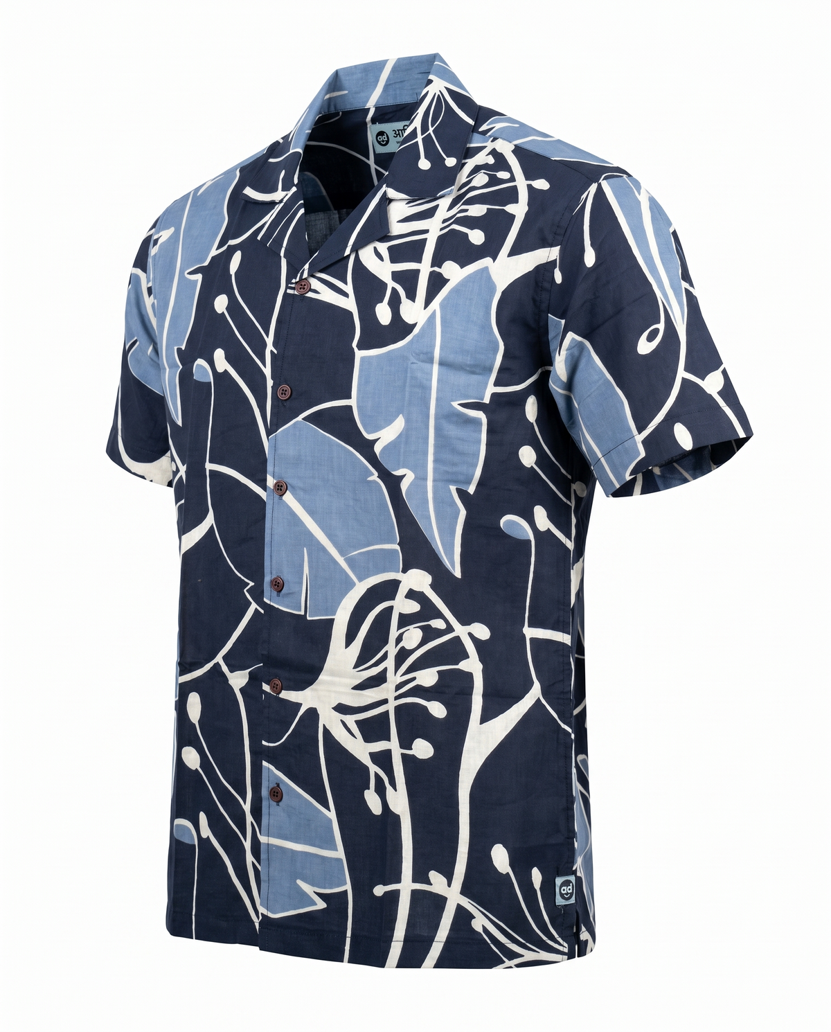 Blue Leaves - Handblock Print - Unisex Pure Cotton Cuban Collar Shirt