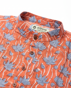Blue Lotus - Handblock Print - Mens Pure Cotton Short Kurta
