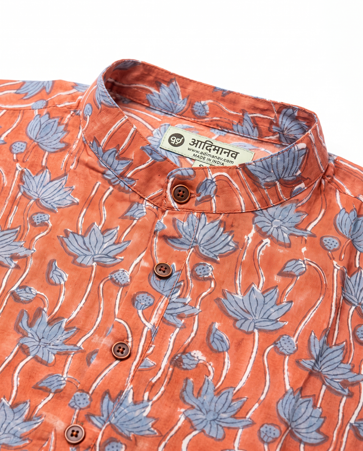 Blue Lotus - Handblock Print - Mens Pure Cotton Short Kurta