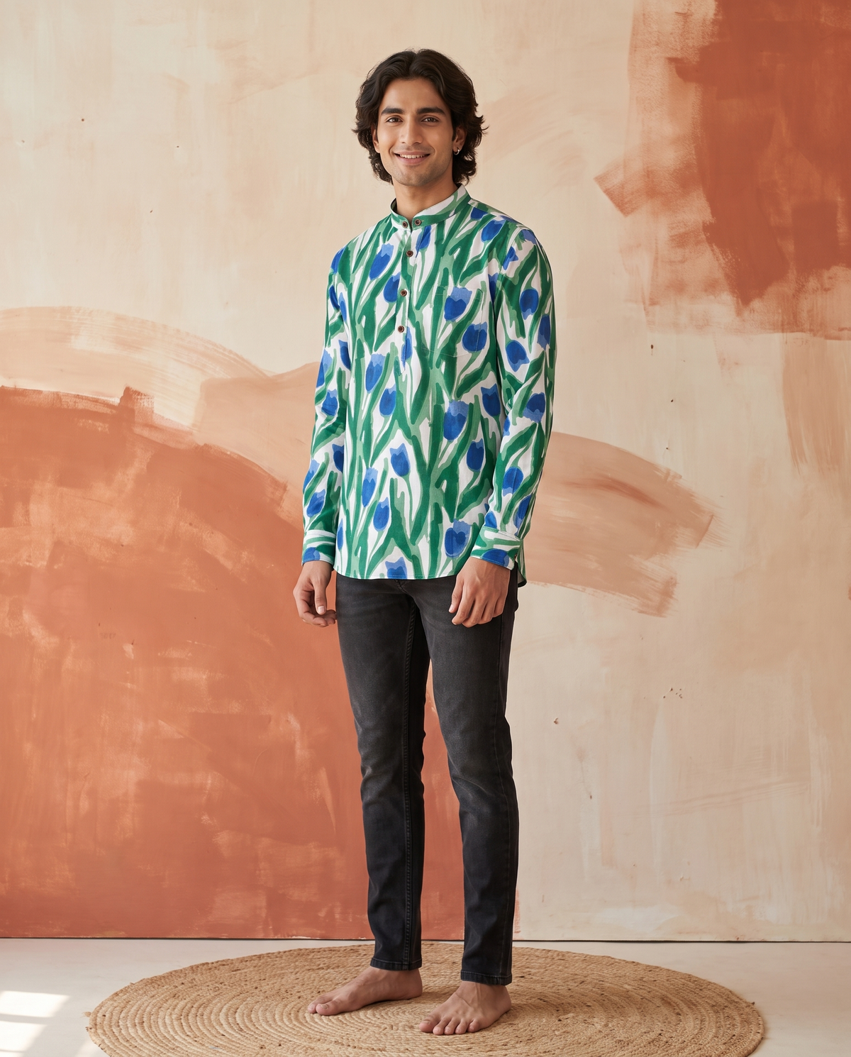 Blue Tulips - Handblock Print - Adults Pure Cotton Short Kurta