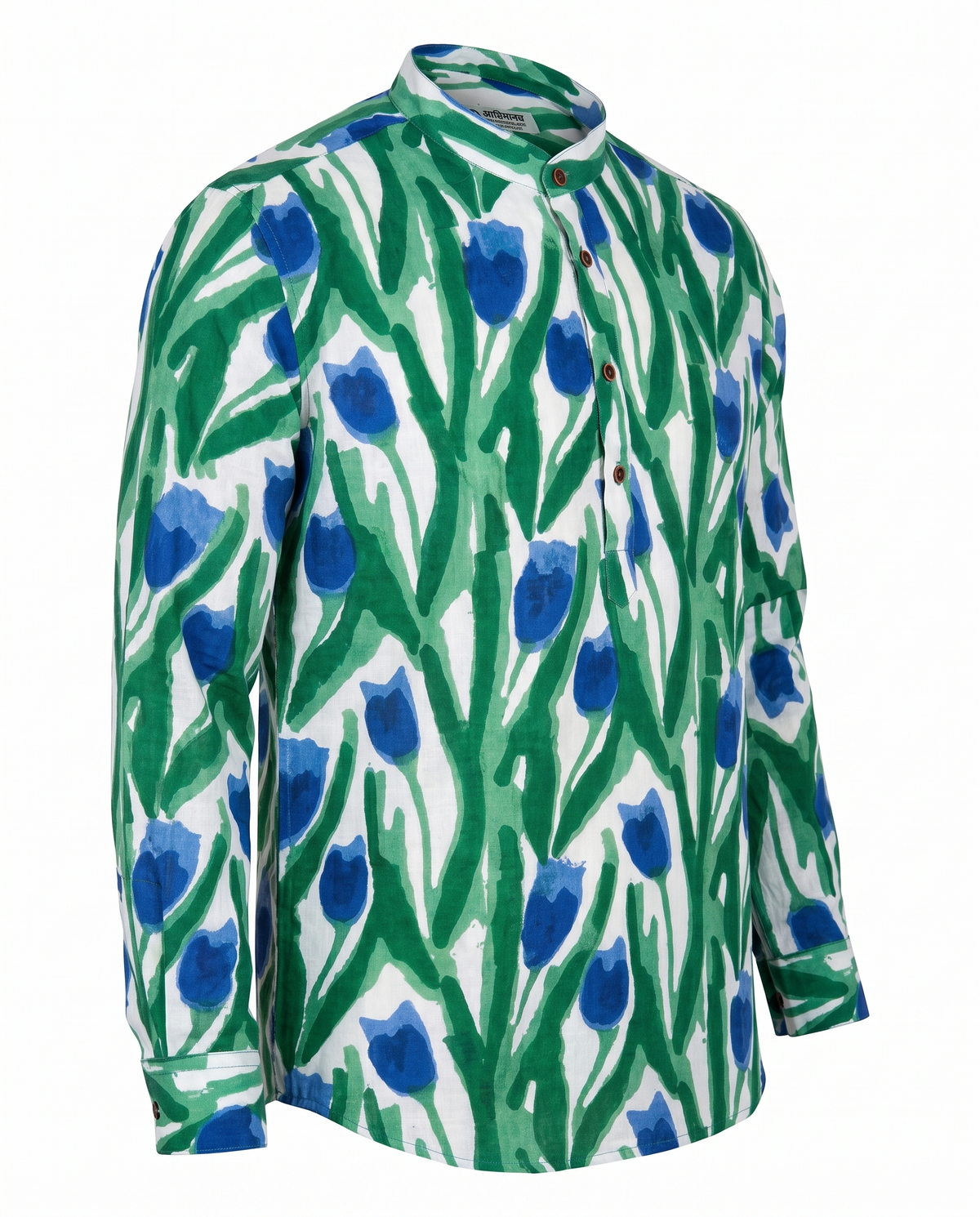 Blue Tulips - Handblock Print - Mens Pure Cotton Short Kurta