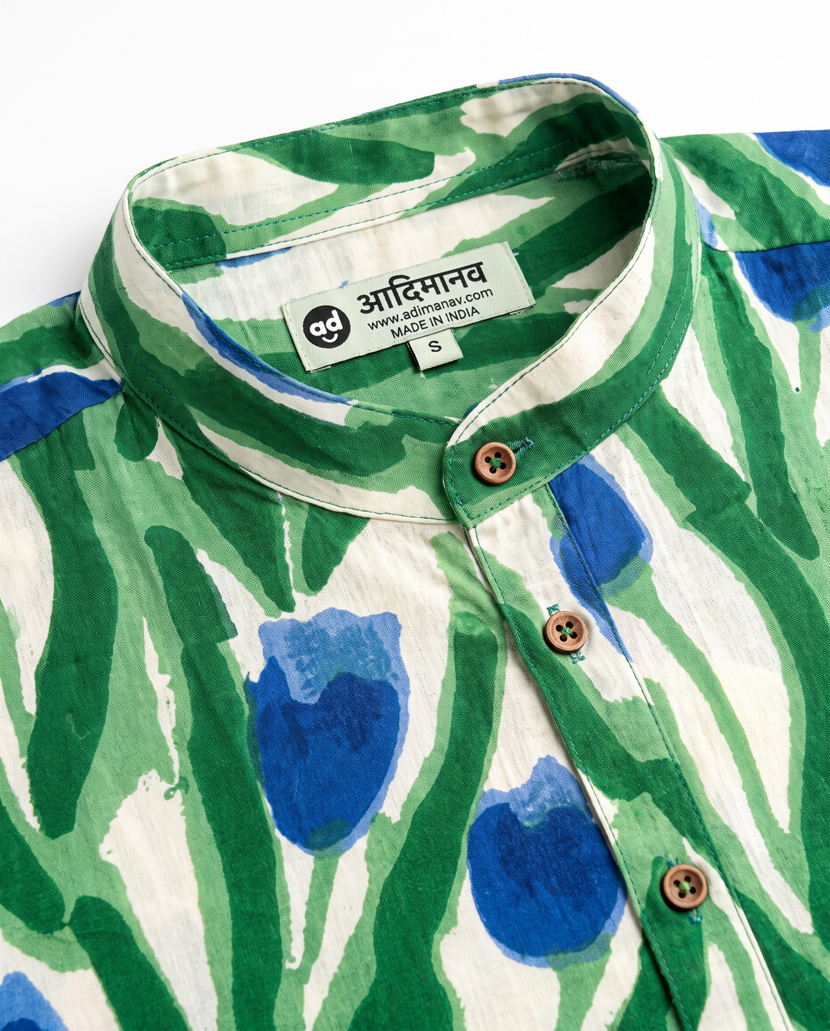 Blue Tulips - Handblock Print - Mens Pure Cotton Short Kurta