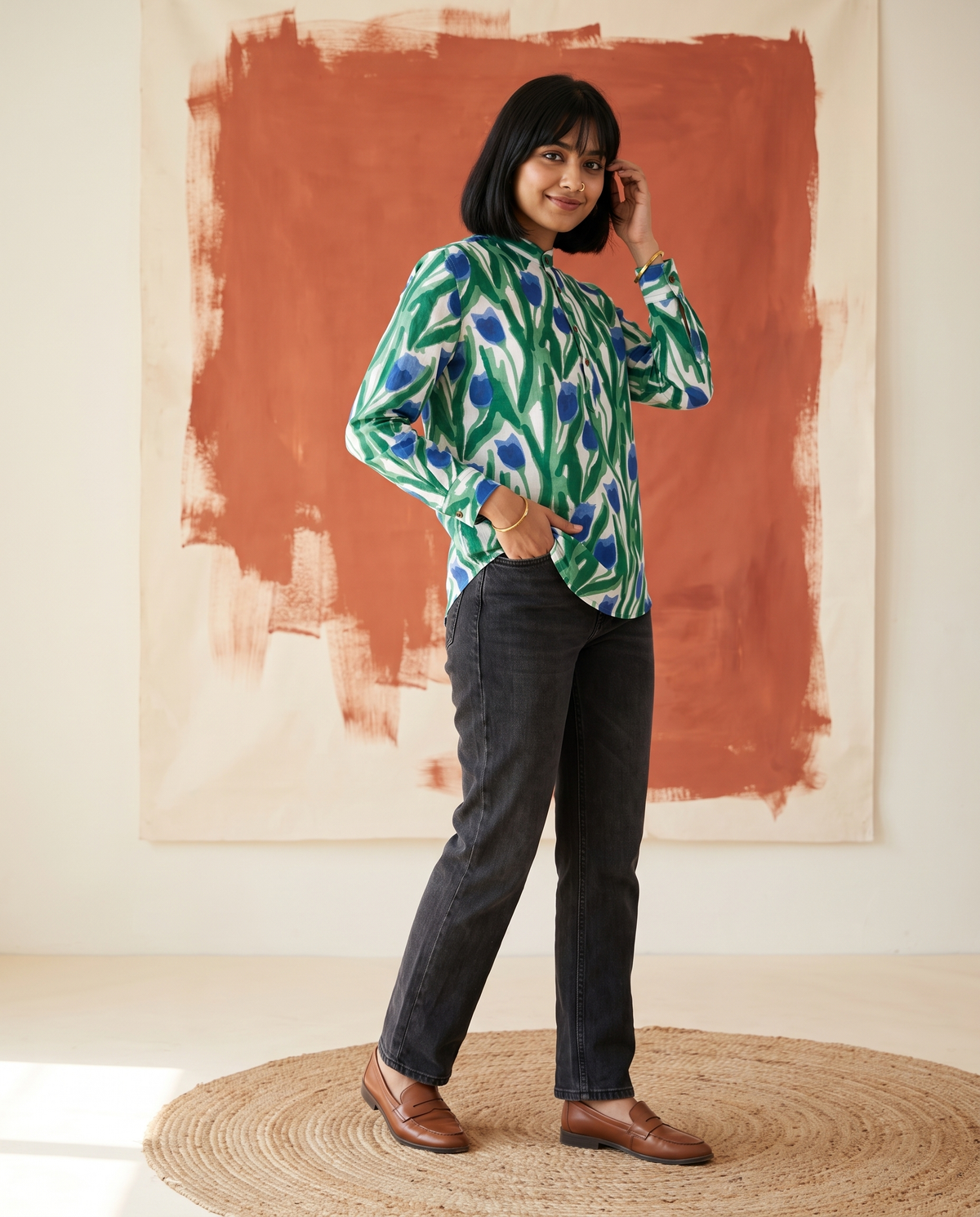 Blue Tulips - Handblock Print - Adults Pure Cotton Short Kurta