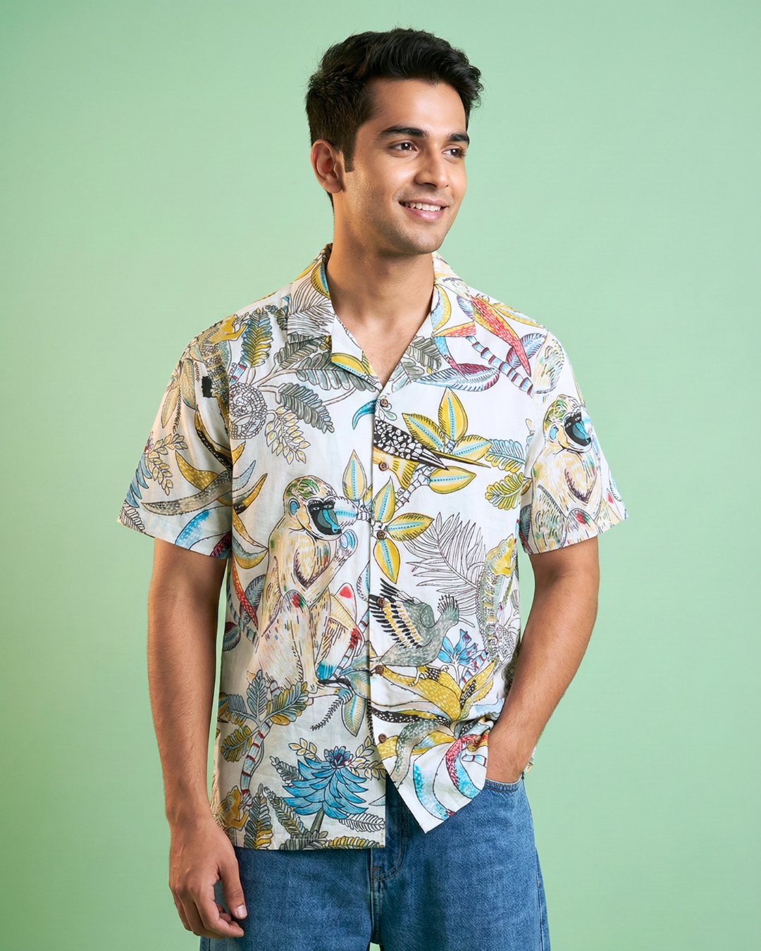 Cool Monkey - Sanganeri Print - Unisex Pure Cotton Cuban Collar Shirt