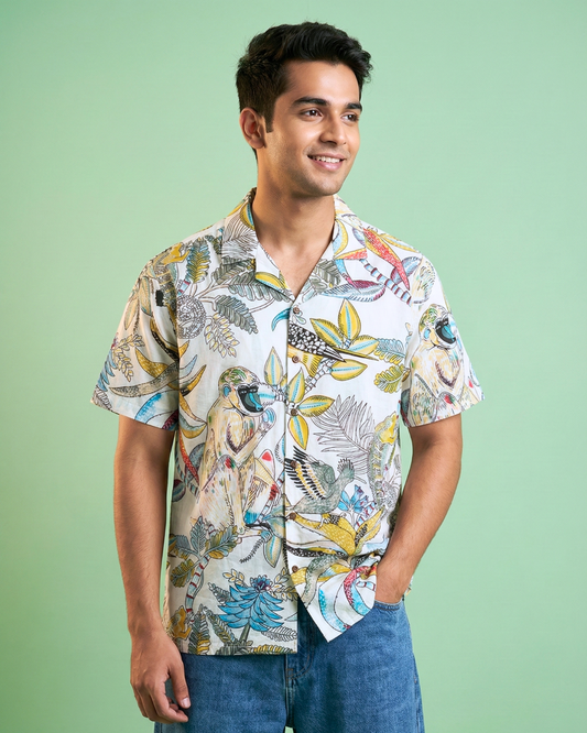 Cool Monkey - Sanganeri Print - Unisex Pure Cotton Cuban Collar Shirt