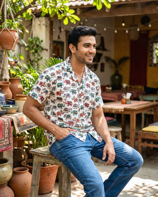 Elephant Shower Pastel - Sanganeri Print - Unisex Pure Cotton Cuban Collar Shirt