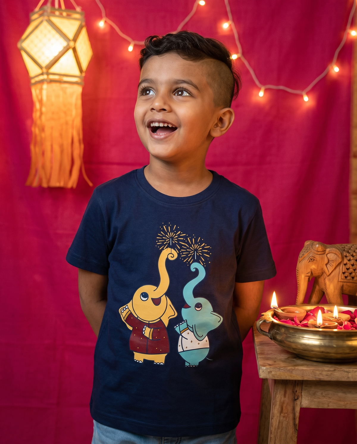 Elephants Diwali - Navy Blue - Unisex Kids T-shirt