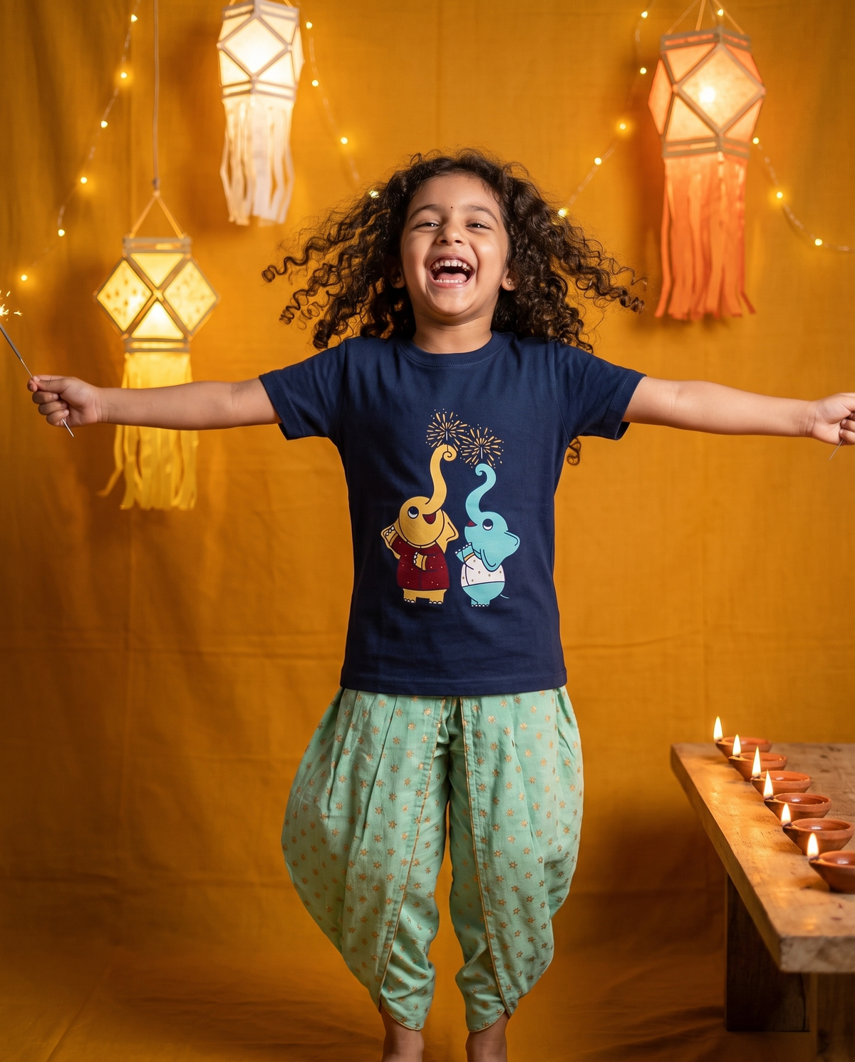 Elephants Diwali - Navy Blue - Unisex Kids T-shirt
