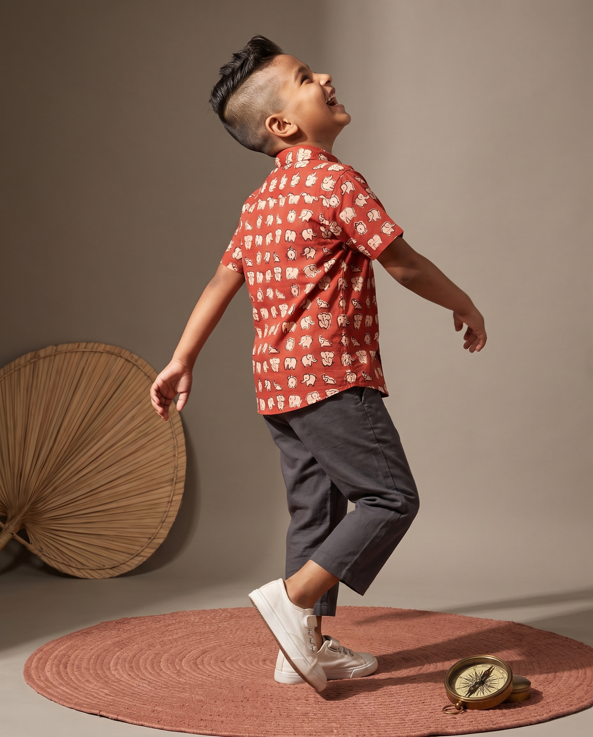 Elephants Terracotta - Kids Pure Cotton Printed Shirt