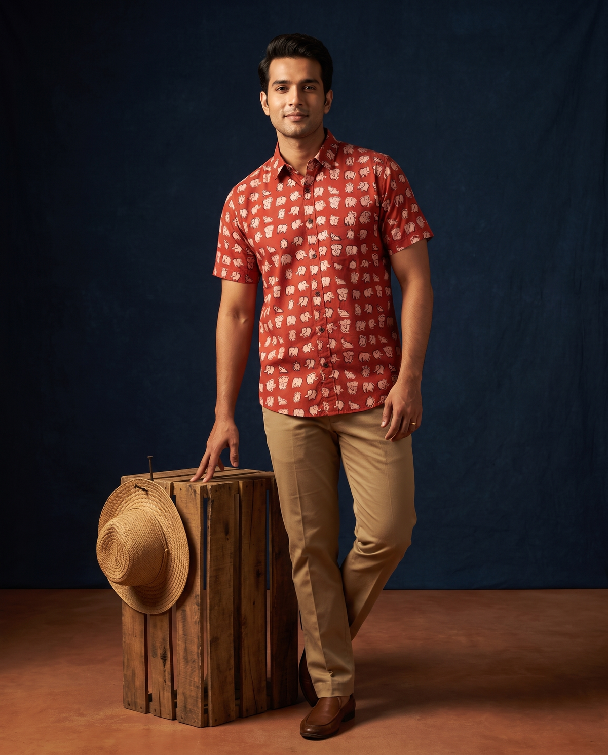 Elephants Terracotta - Handblock Print - Men’s Pure Cotton Regular Shirt