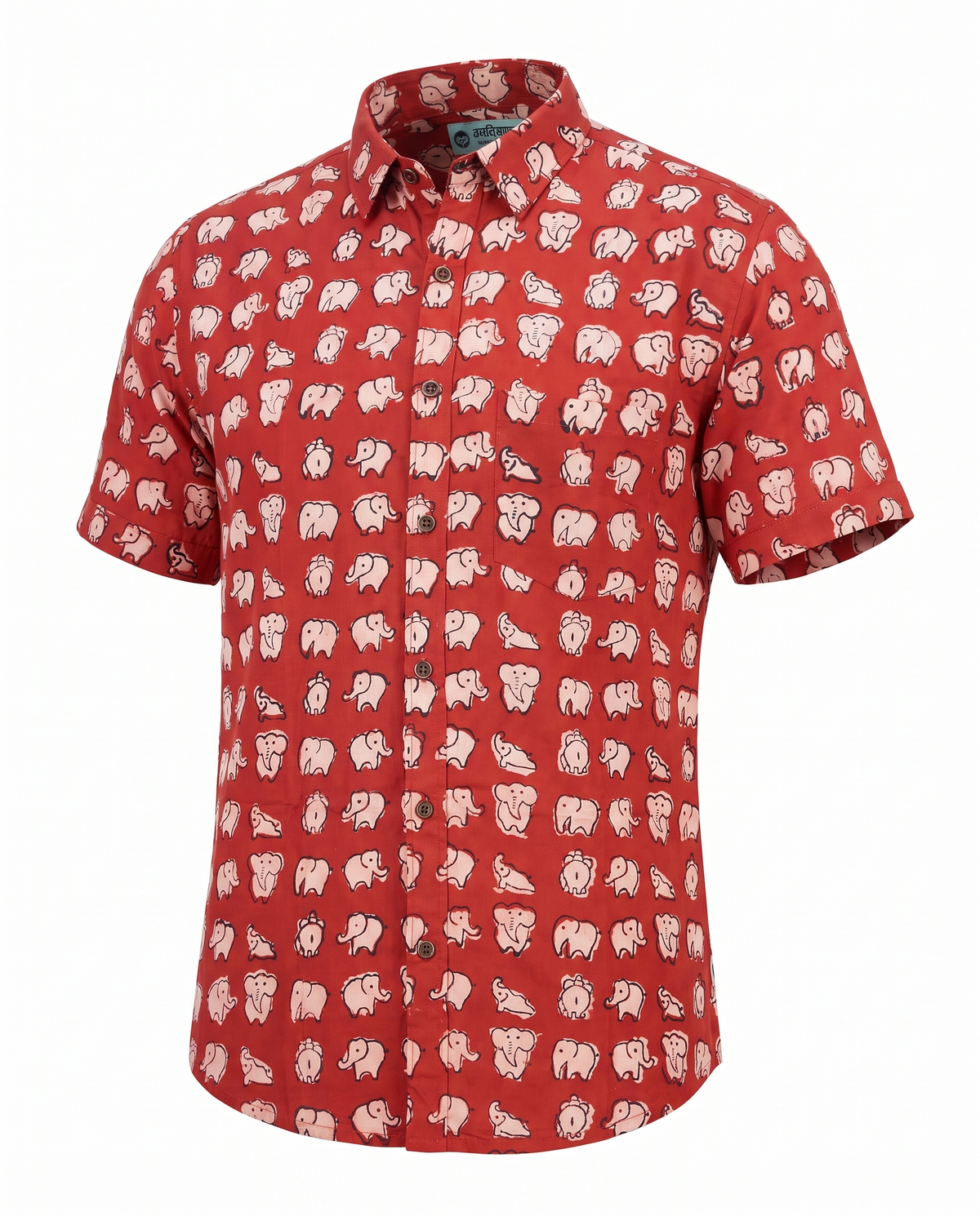 Elephants Terracotta - Handblock Print - Men’s Pure Cotton Regular Shirt