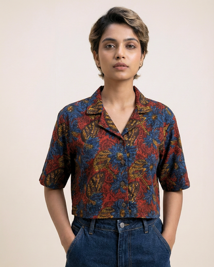 Floral Dark - Handblock Print - Women’s Pure Cotton Crop Shirt
