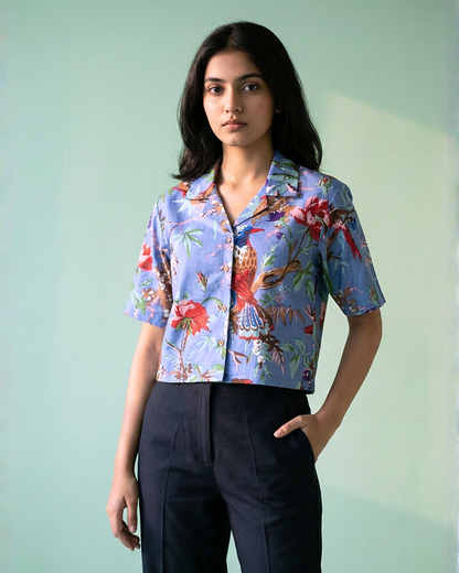 Floral Purple - Sanganeri Print – Women’s Pure Cotton Crop Shirt