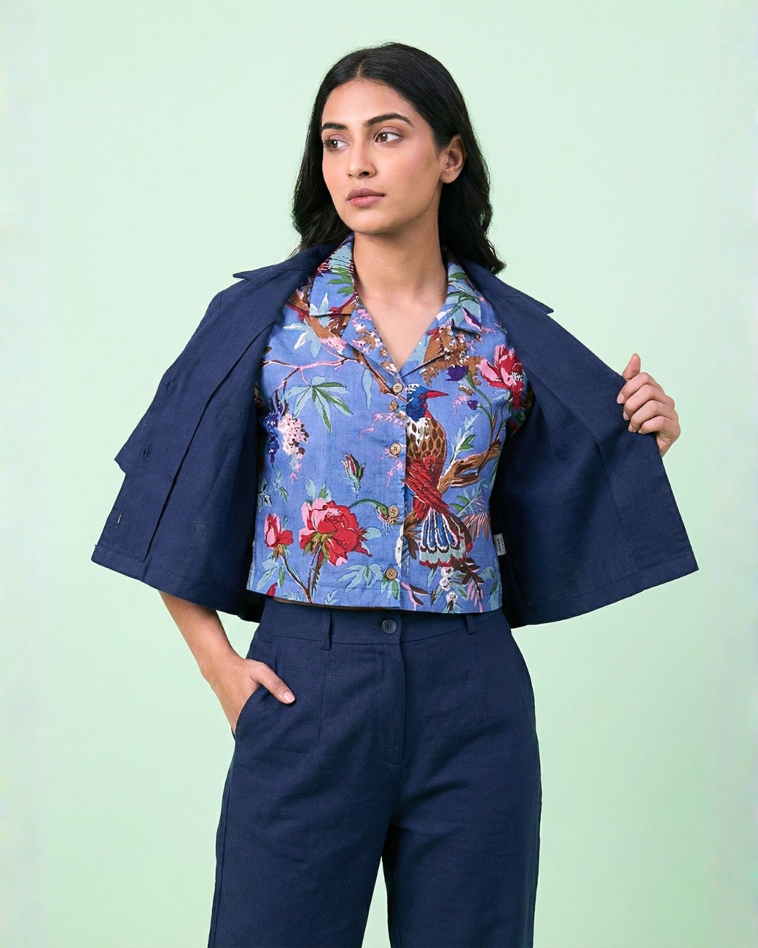 Floral Purple - Sanganeri Print – Women’s Pure Cotton Crop Shirt
