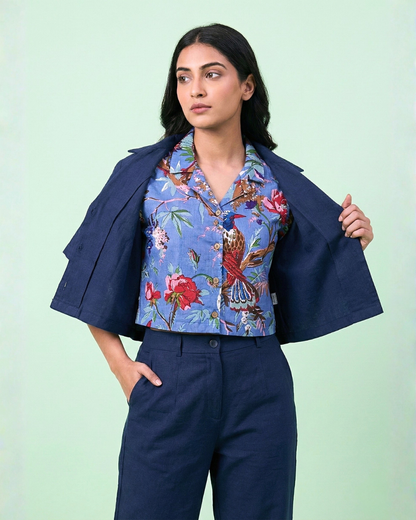 Floral Purple - Sanganeri Print – Women’s Pure Cotton Crop Shirt