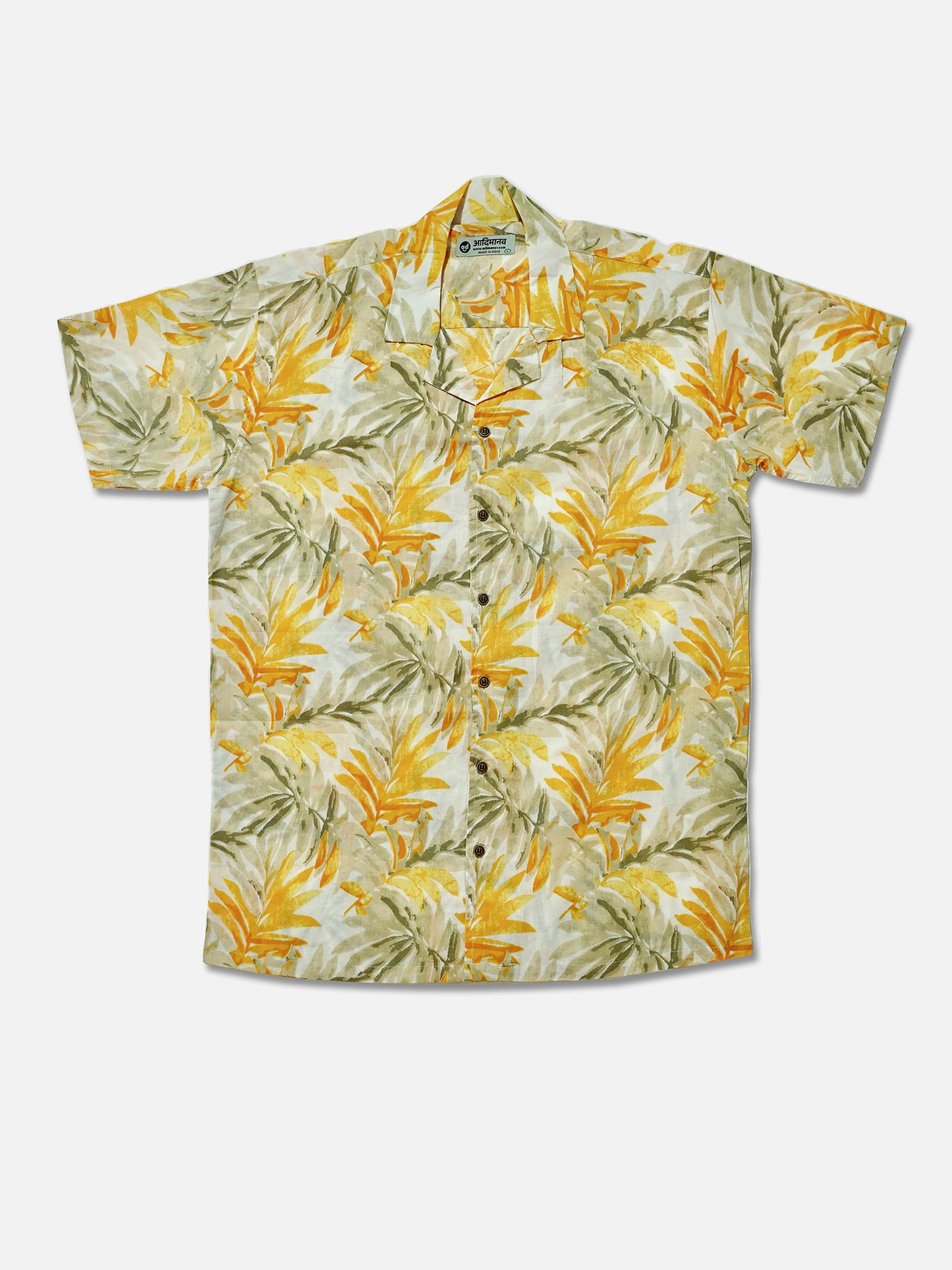 Golden Palms - Sanganeri Print - Unisex Pure Cotton Cuban Collar Shirt