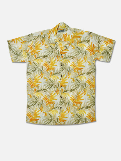 Golden Palms - Sanganeri Print - Unisex Pure Cotton Cuban Collar Shirt