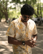Golden Palms - Sanganeri Print - Unisex Pure Cotton Cuban Collar Shirt