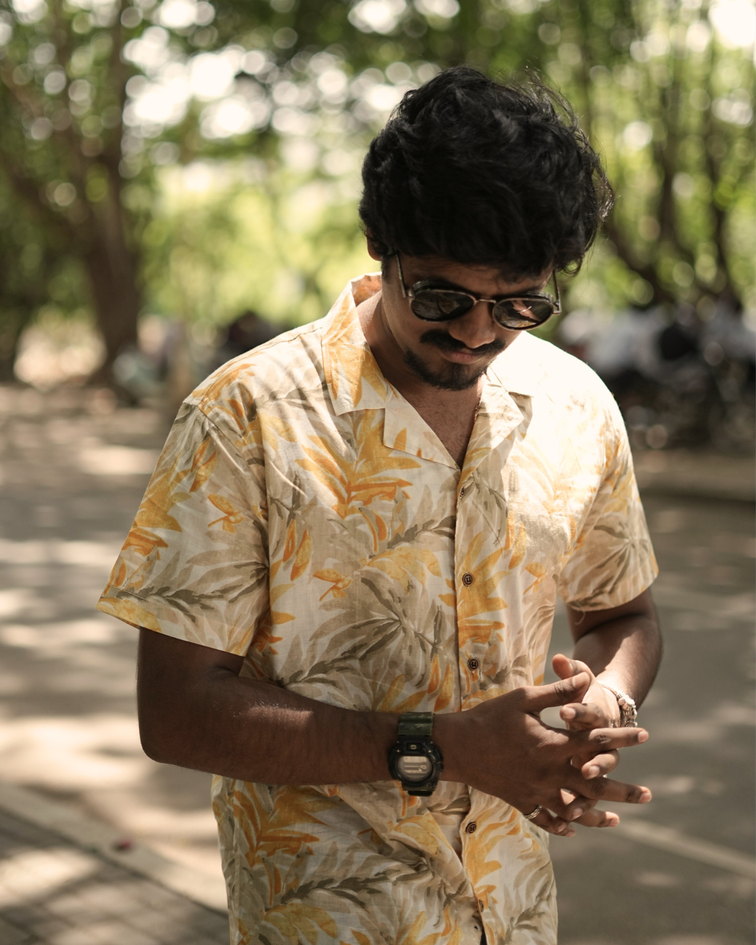 Golden Palms - Sanganeri Print - Unisex Pure Cotton Cuban Collar Shirt