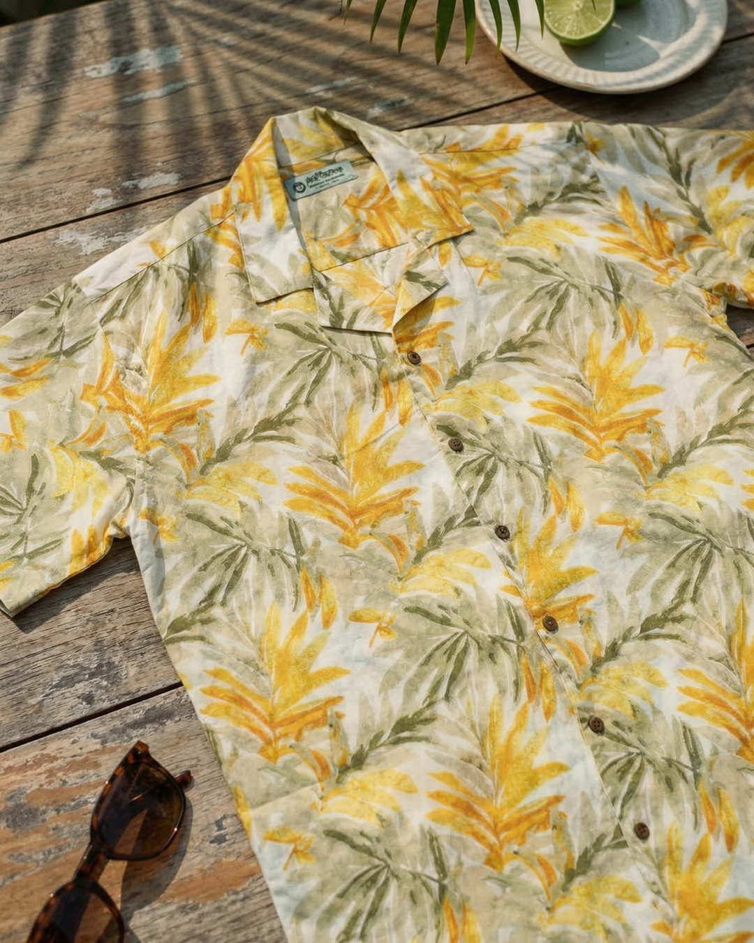 Golden Palms - Sanganeri Print - Unisex Pure Cotton Cuban Collar Shirt