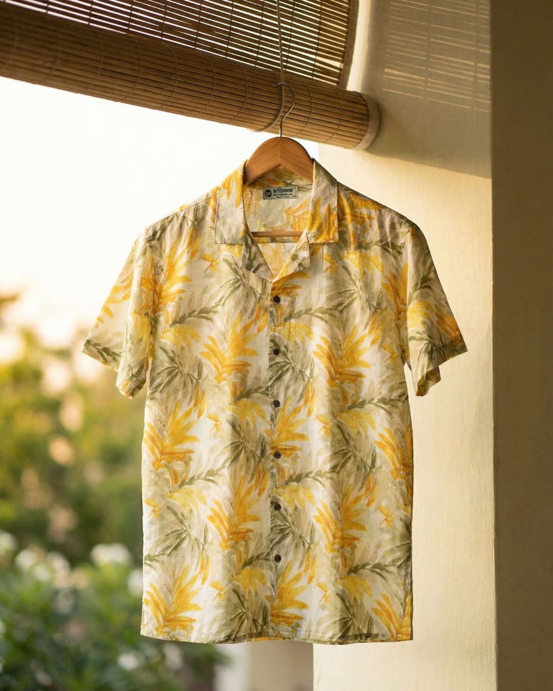Golden Palms - Sanganeri Print - Unisex Pure Cotton Cuban Collar Shirt